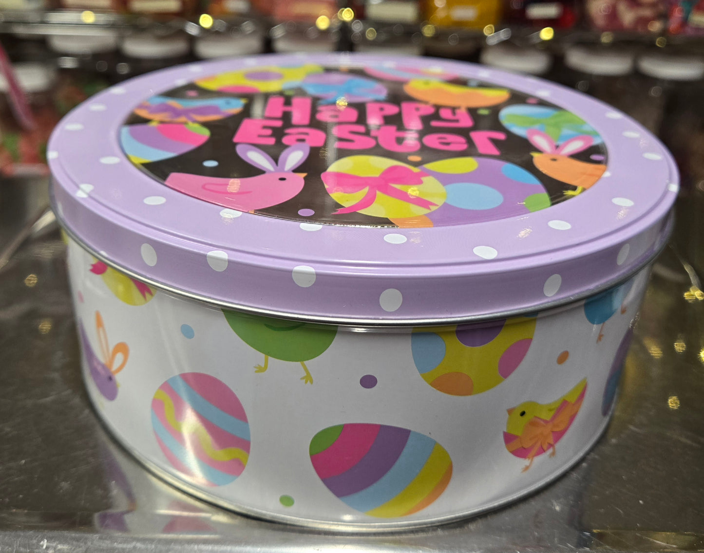 2 lb GUMMY Easter Light Purple Chicks & Eggs MEDIUM ROUND TIN -Pick & Mix