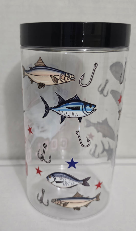 1.5 LB Father's Day Sticker GUMMY PLASTIC REUSABLE JAR with Fishing Pole Food Pick