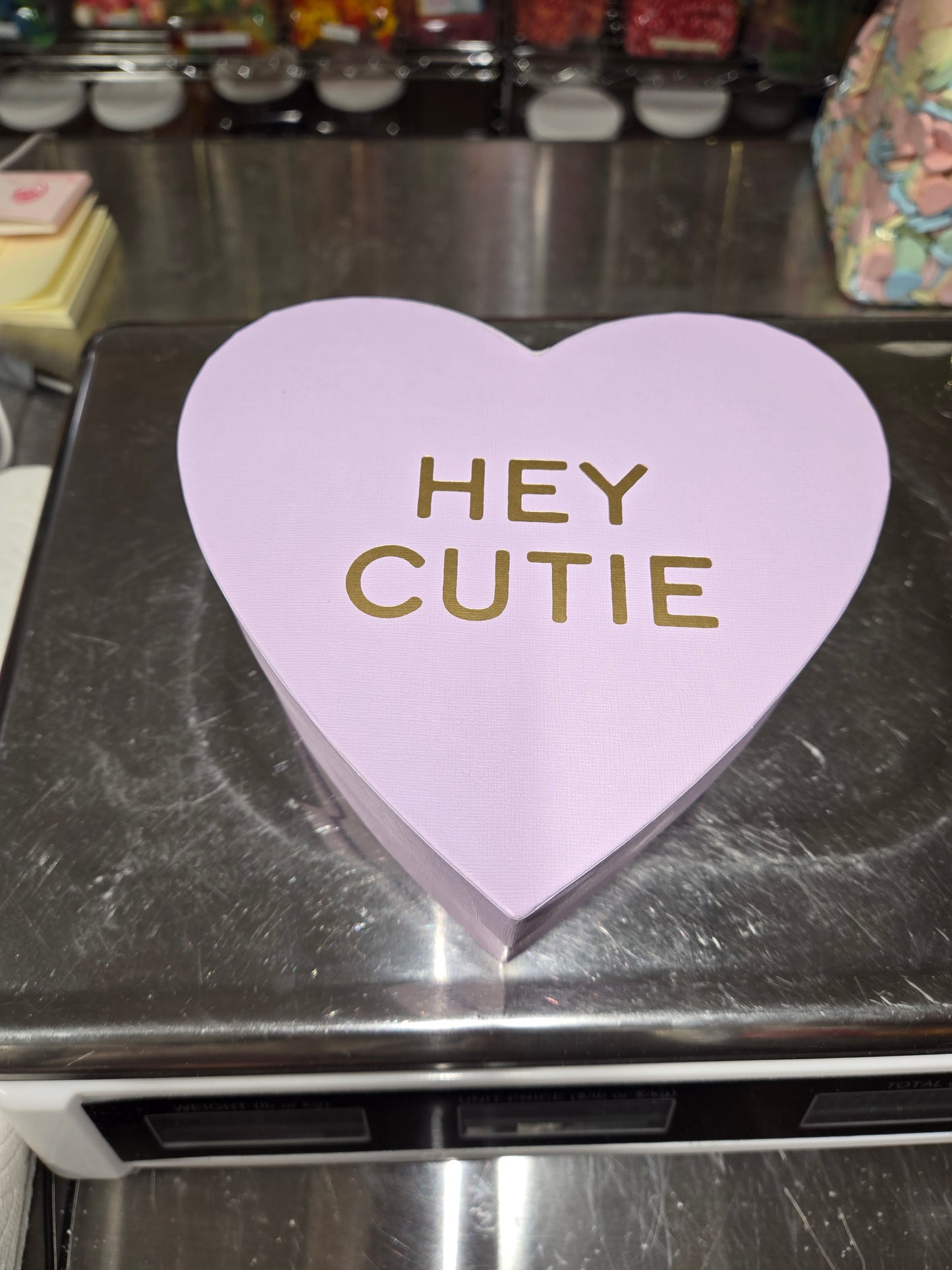 1 lb Chocolate HEY CUTIE Lavender Heart Shaped BOX