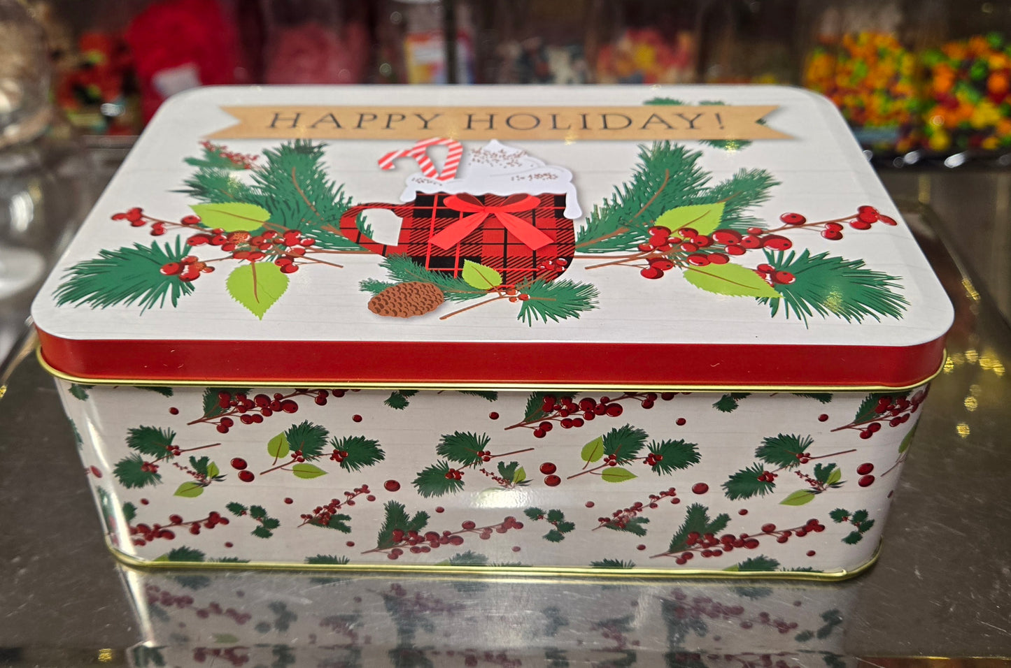 2 lb GUMMY Happy Holidays Pine and Mug TIN!