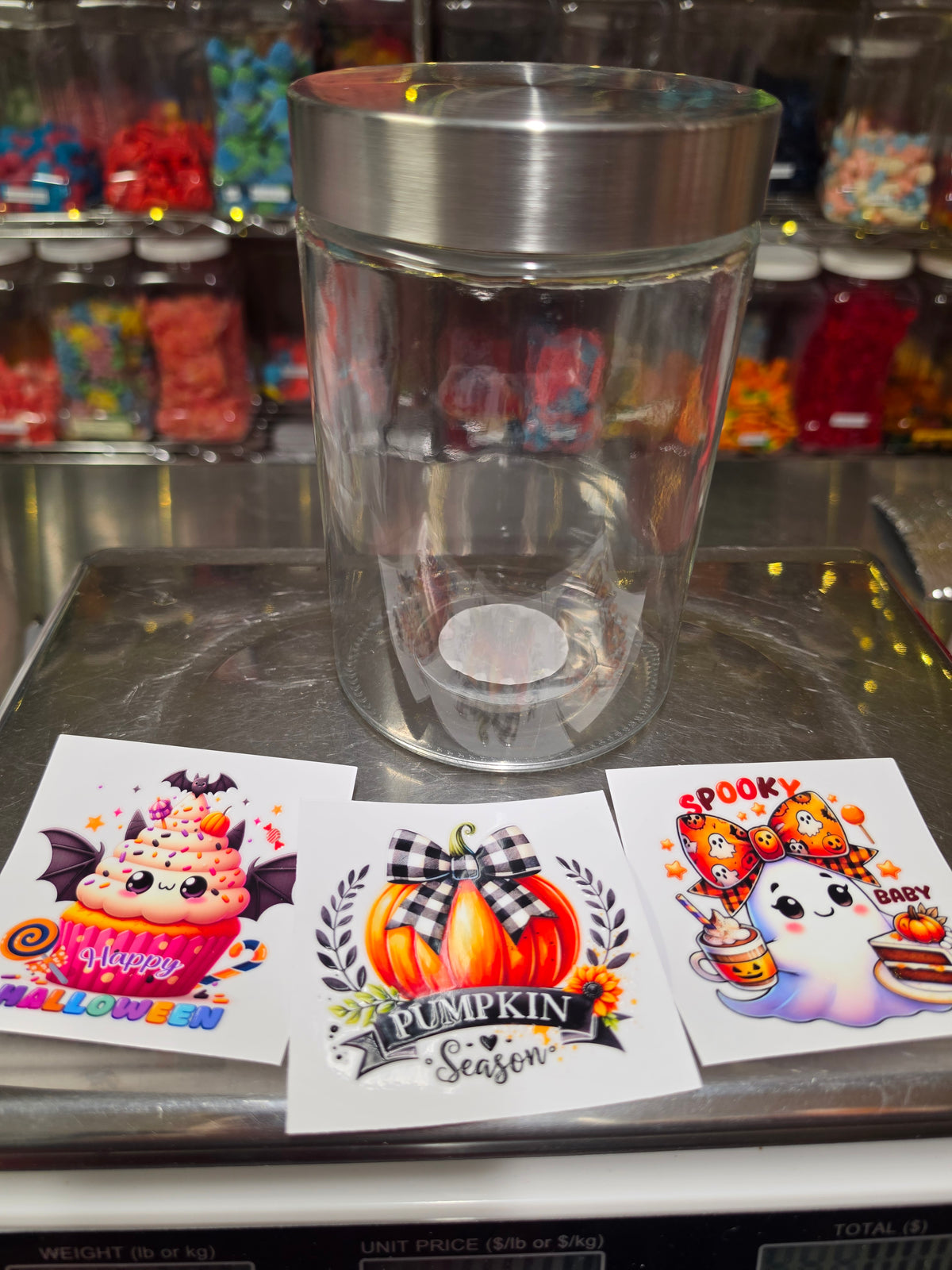 2 LB GUMMY Glass LARGE JAR, SILVER Lid with Tumbler Sticker