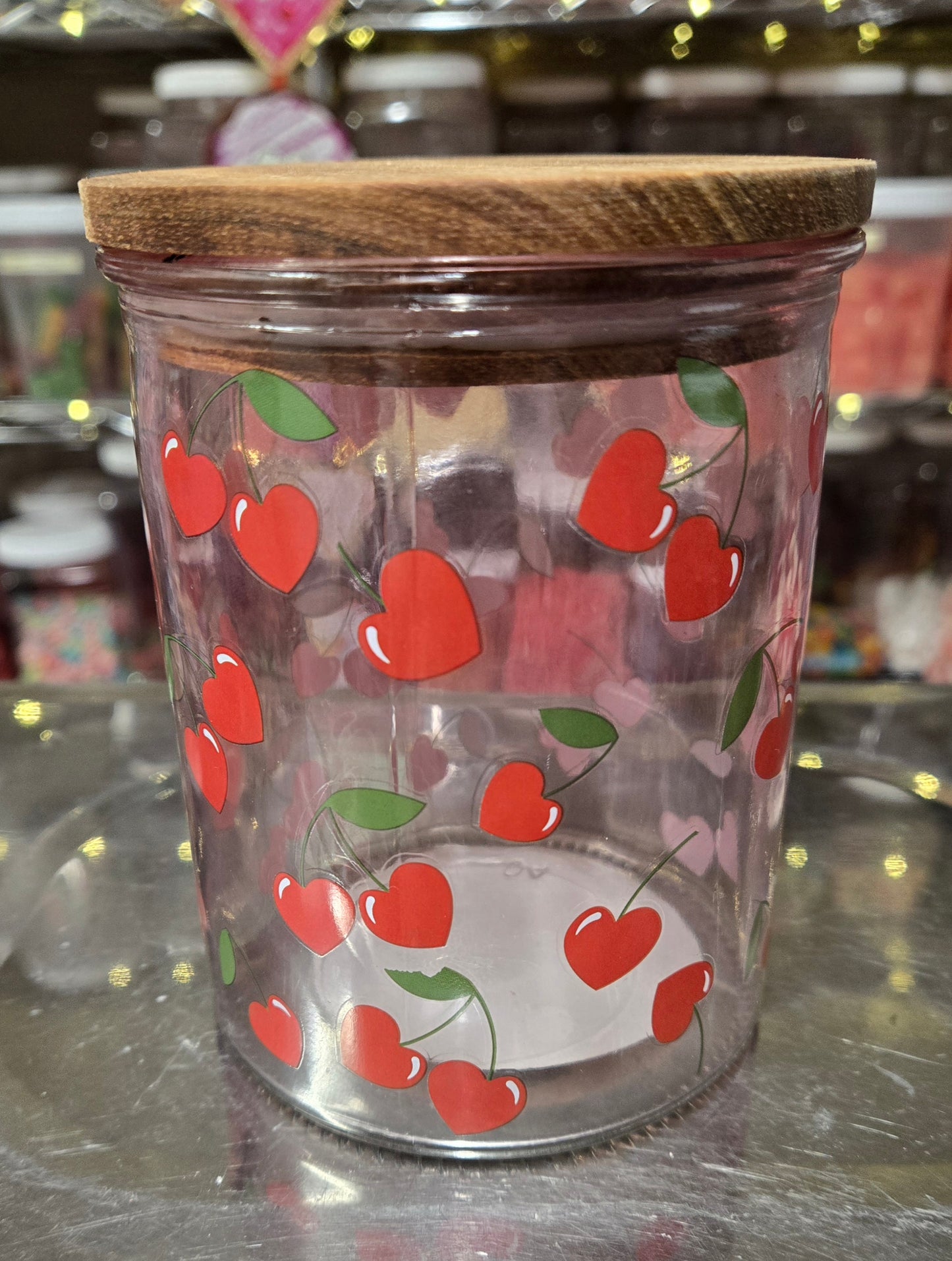 1 lb GUMMY Heart Cherries Glass Jar with Wood Lid