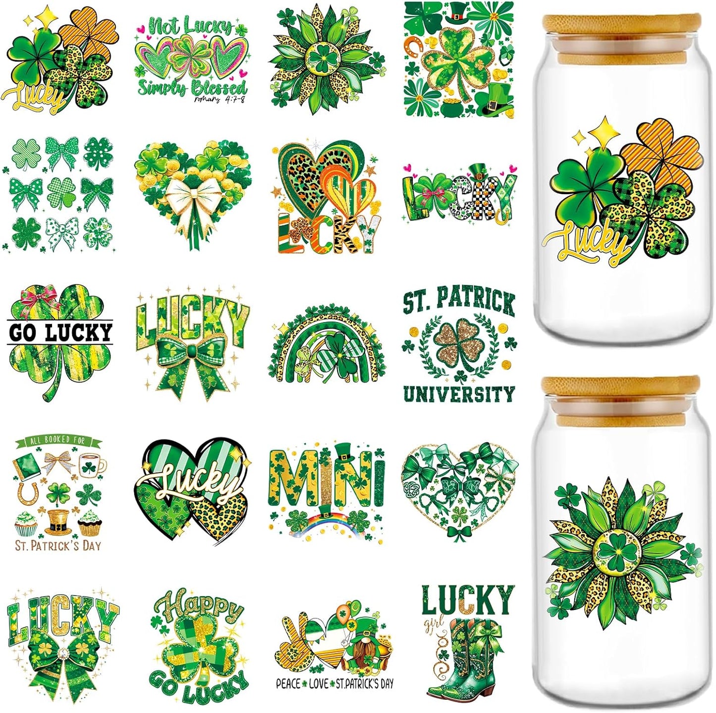 1 LB GUMMY Glass JAR, Wooden Lid with St. Patty's Day Tumbler Sticker