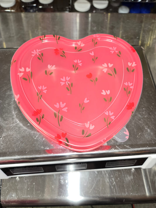 2 lb CHOCOLATE Flowers On Lid RED Heart Shaped Plastic Container