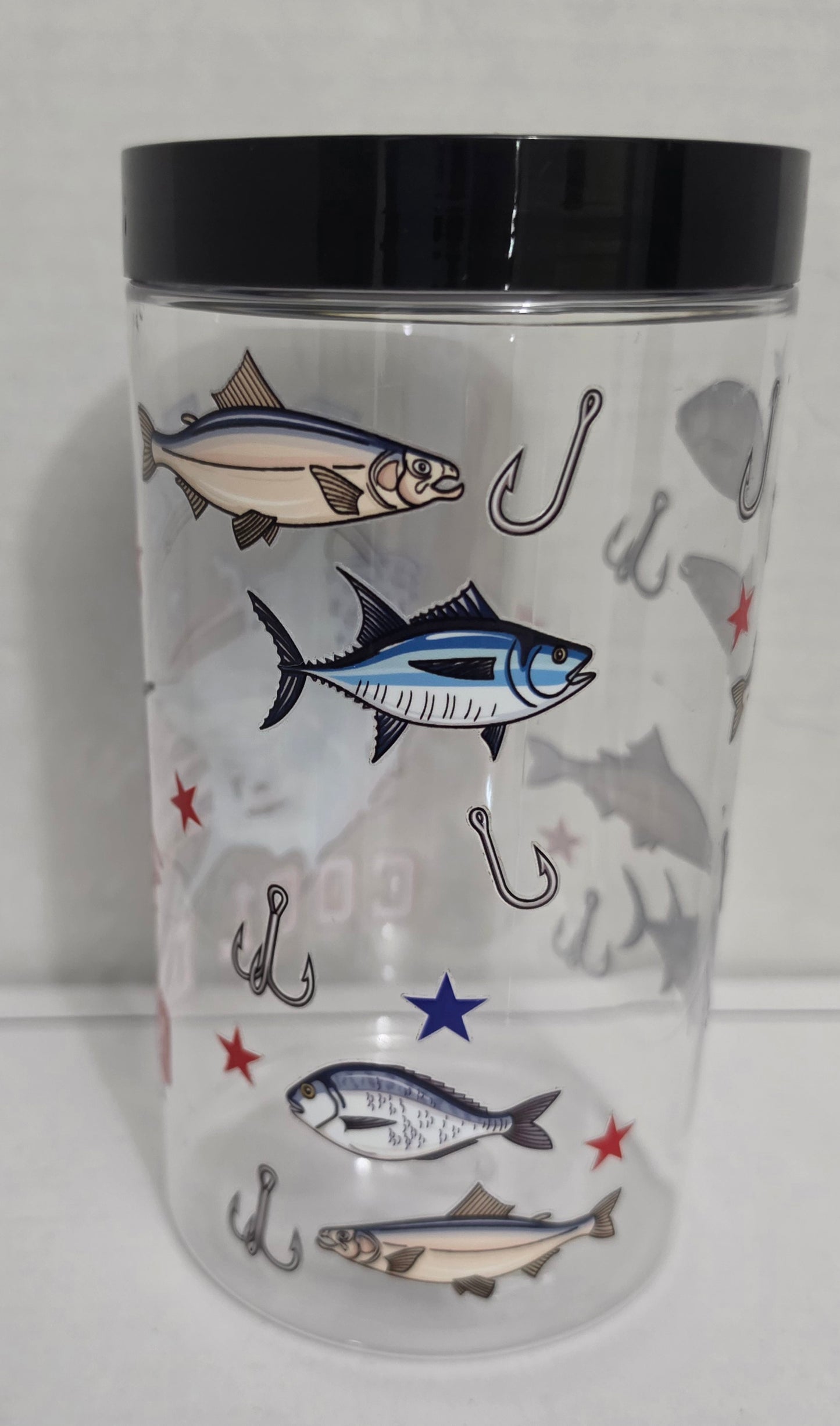 1.5 LB Father's Day Sticker GUMMY PLASTIC REUSABLE JAR with Fishing Pole Food Pick