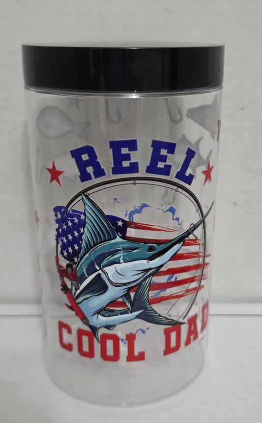 1.5 LB Father's Day Sticker GUMMY PLASTIC REUSABLE JAR with Fishing Pole Food Pick