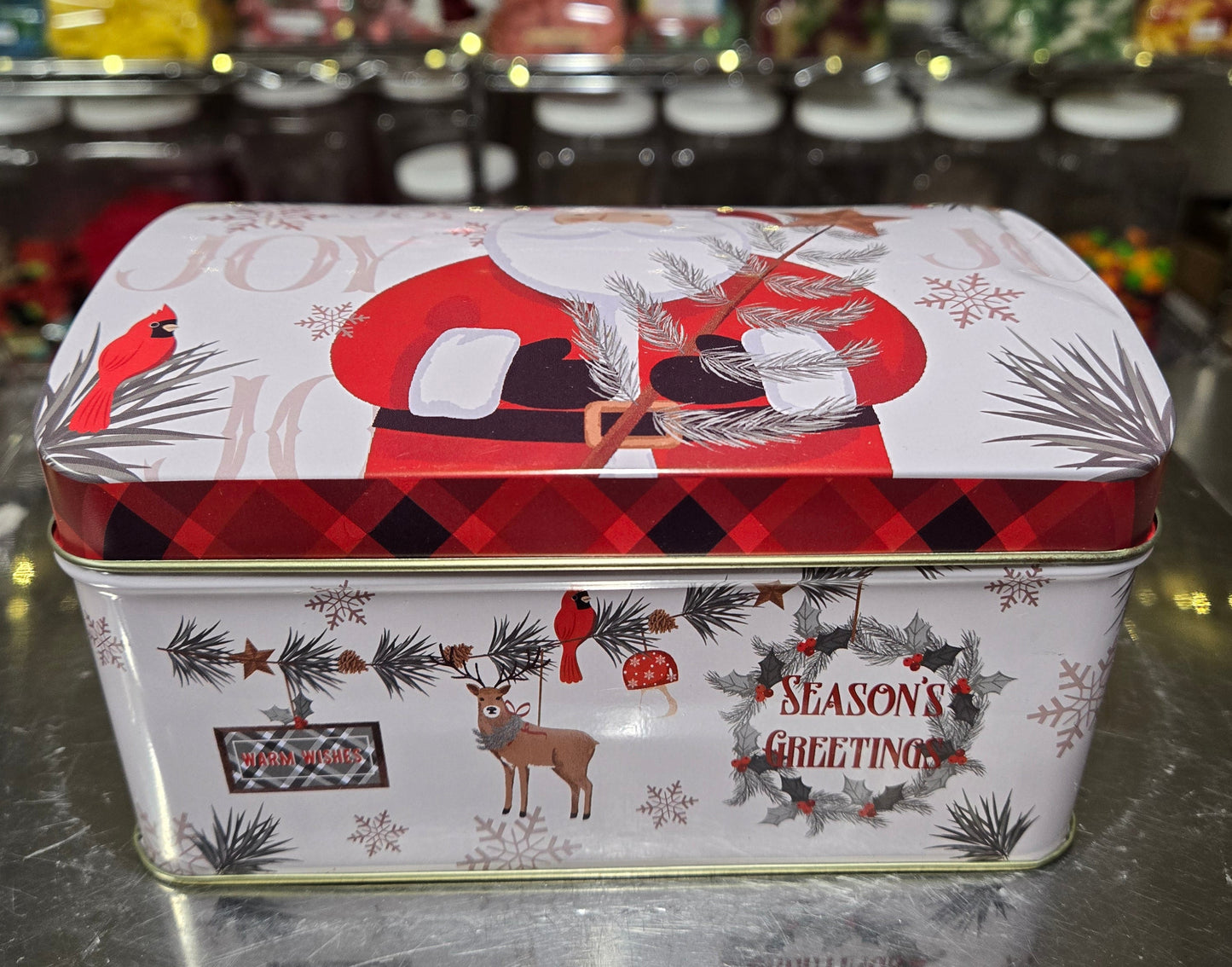 1 lb CHOCOLATE Joy Santa Chest TIN With Hinged Lid!