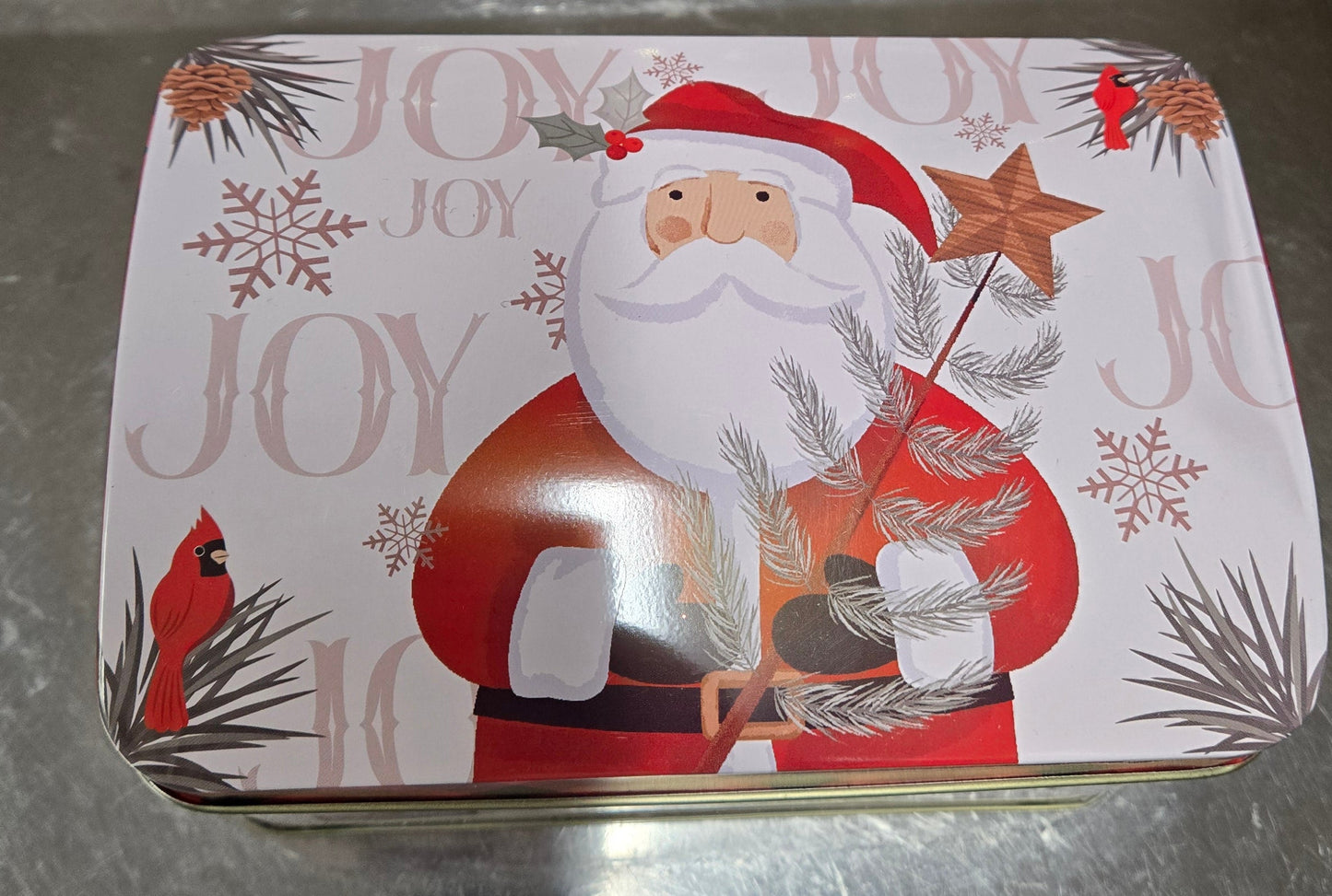 1 lb CHOCOLATE Joy Santa Chest TIN With Hinged Lid!