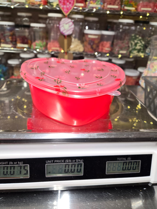 2 lb CHOCOLATE Flowers On Lid RED Heart Shaped Plastic Container