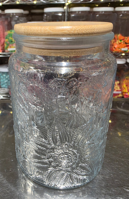 1 lb GUMMY in Glass Sunflower Design Jar with Wood Lid