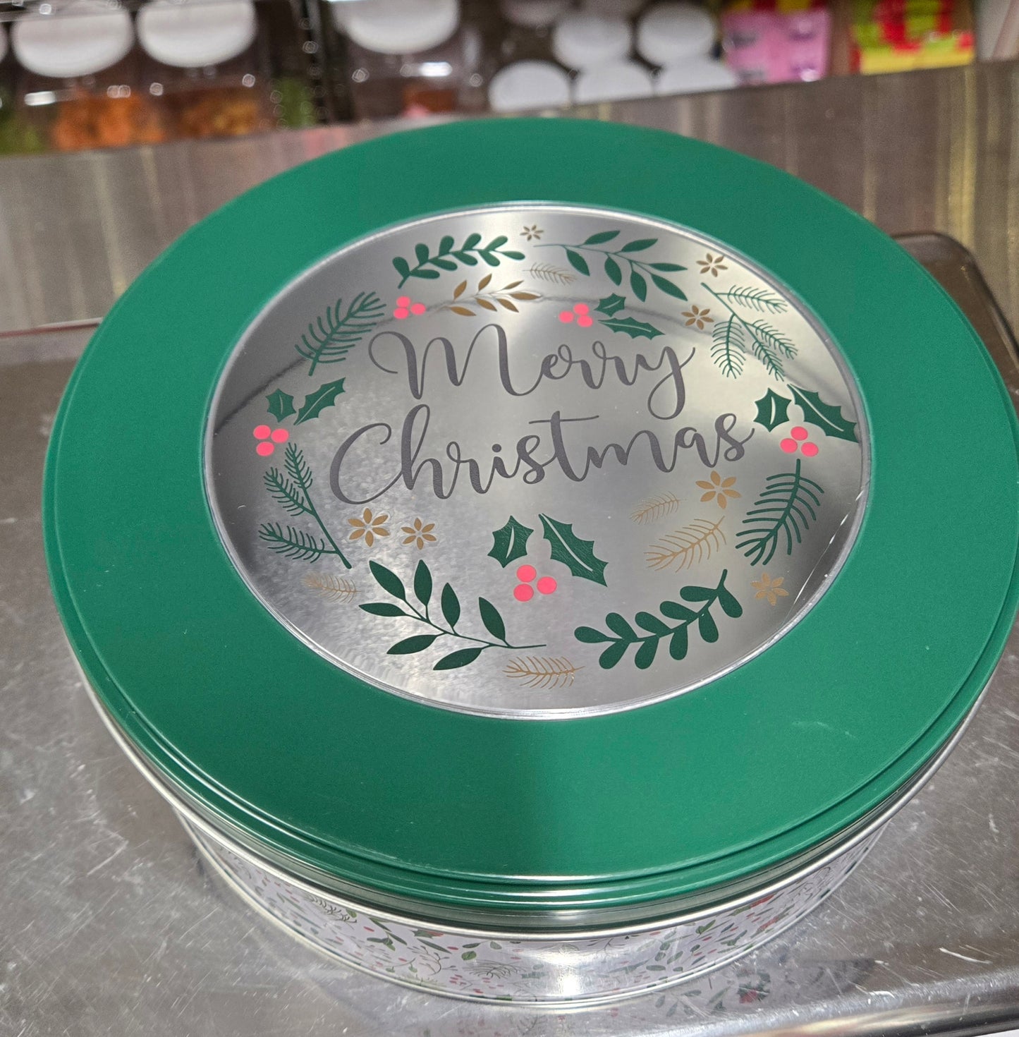 3 lb GUMMY Green Round Merry Christmas TIN!